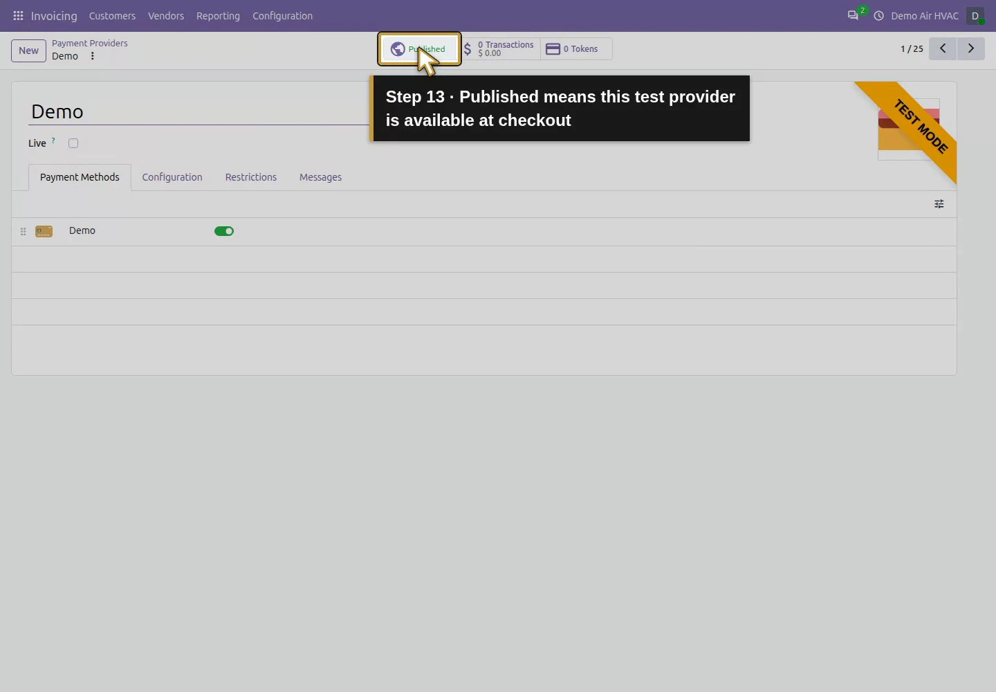 Action 13: Published means this test provider is available at checkout. The actual target is highlighted in gold.