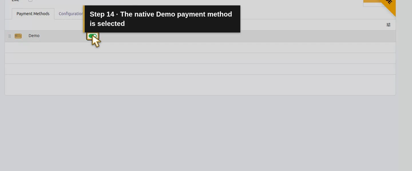 Action 14: The native Demo payment method is selected. The actual target is highlighted in gold.