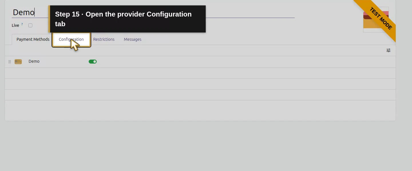 Action 15: Open the provider Configuration tab. The actual target is highlighted in gold.