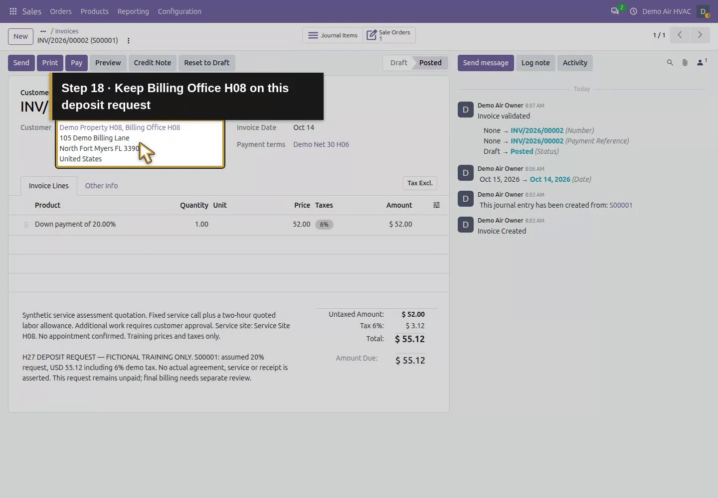 Action 18: Keep Billing Office H08 on this deposit request. The actual target is highlighted in gold.