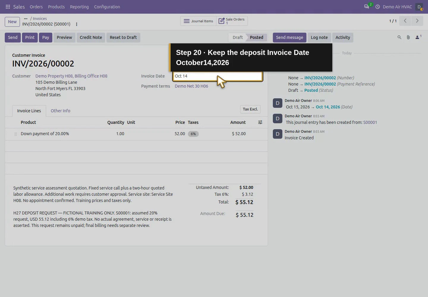 Action 20: Keep the deposit Invoice Date October14,2026. The actual target is highlighted in gold.