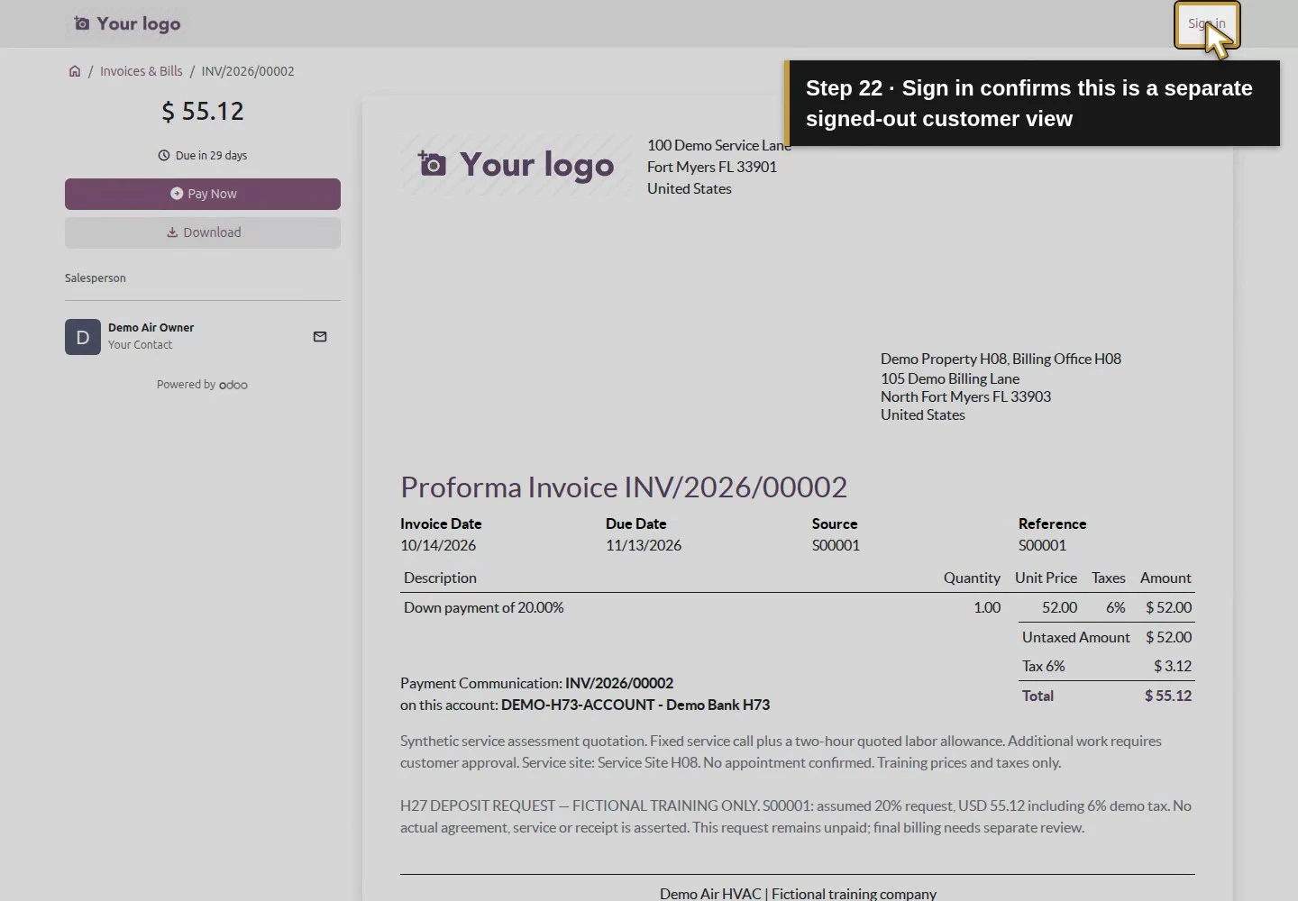 Action 22: Sign in confirms this is a separate signed-out customer view. The actual target is highlighted in gold.