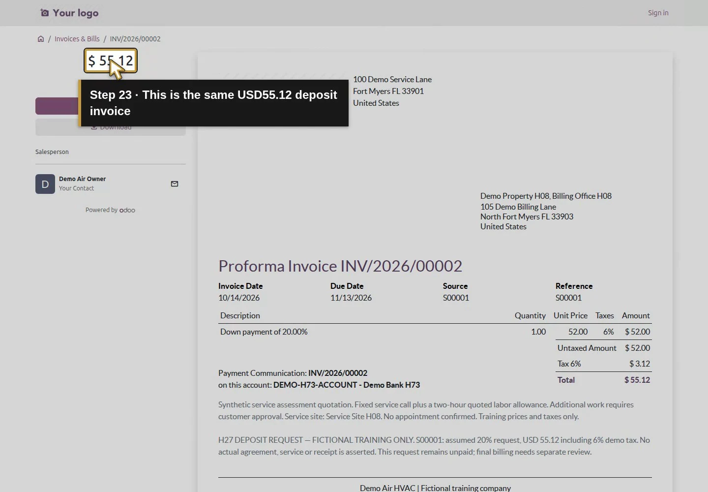 Action 23: This is the same USD55.12 deposit invoice. The actual target is highlighted in gold.