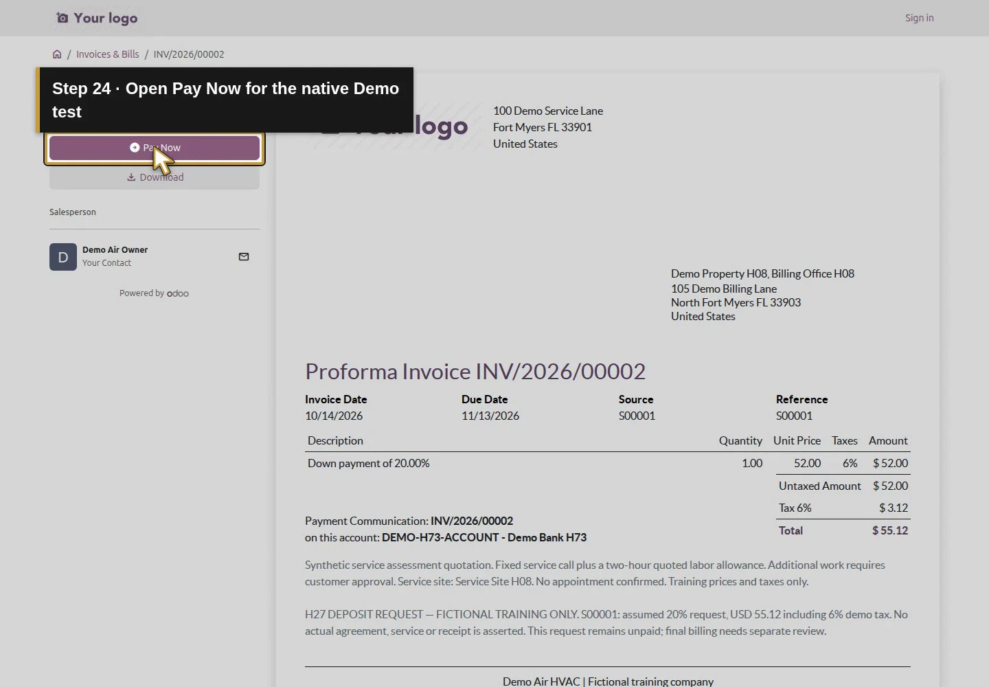 Action 24: Open Pay Now for the native Demo test. The actual target is highlighted in gold.