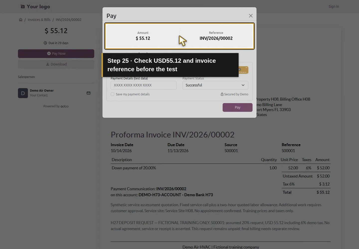 Action 25: Check USD55.12 and invoice reference before the test. The actual target is highlighted in gold.
