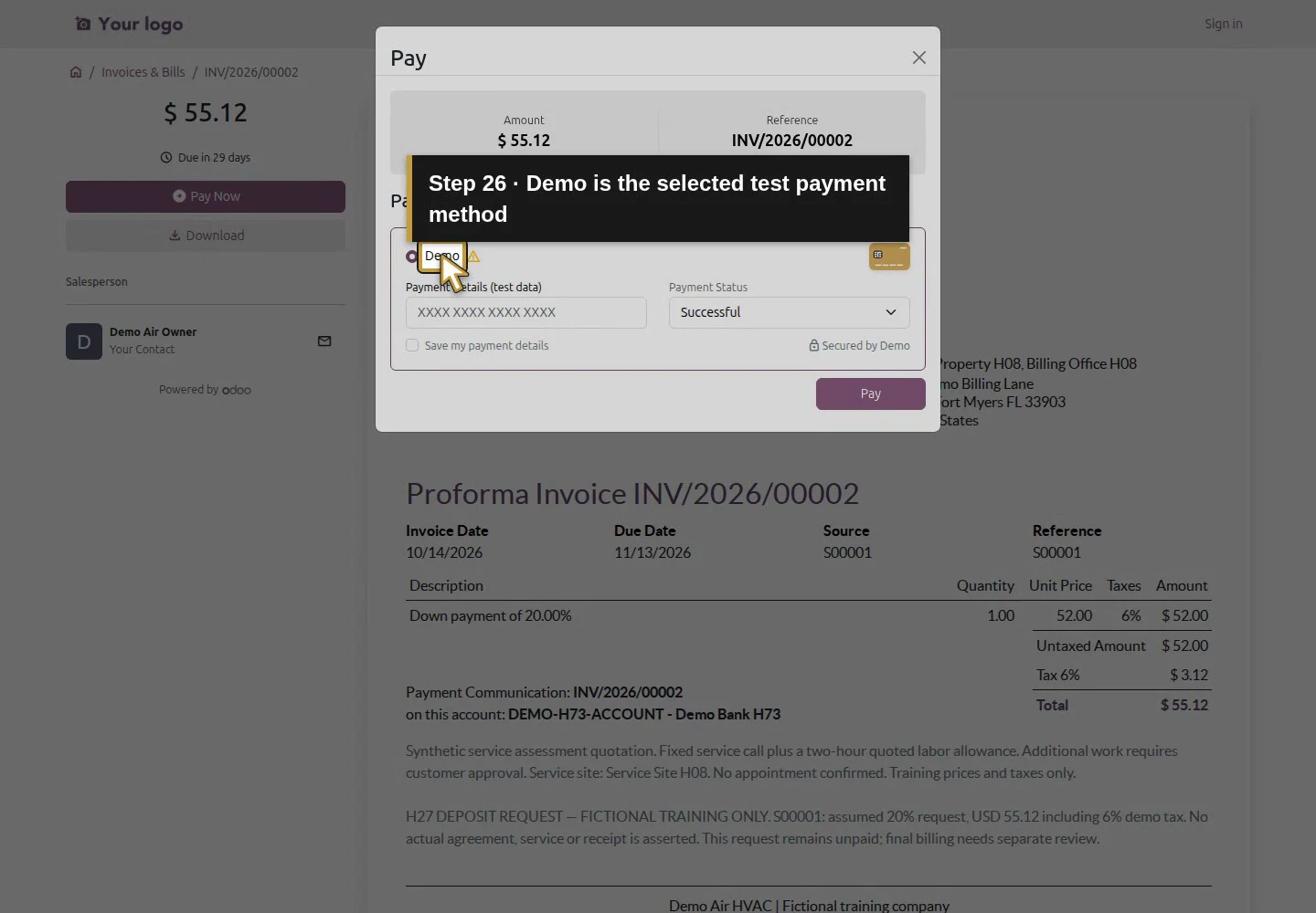 Action 26: Demo is the selected test payment method. The actual target is highlighted in gold.