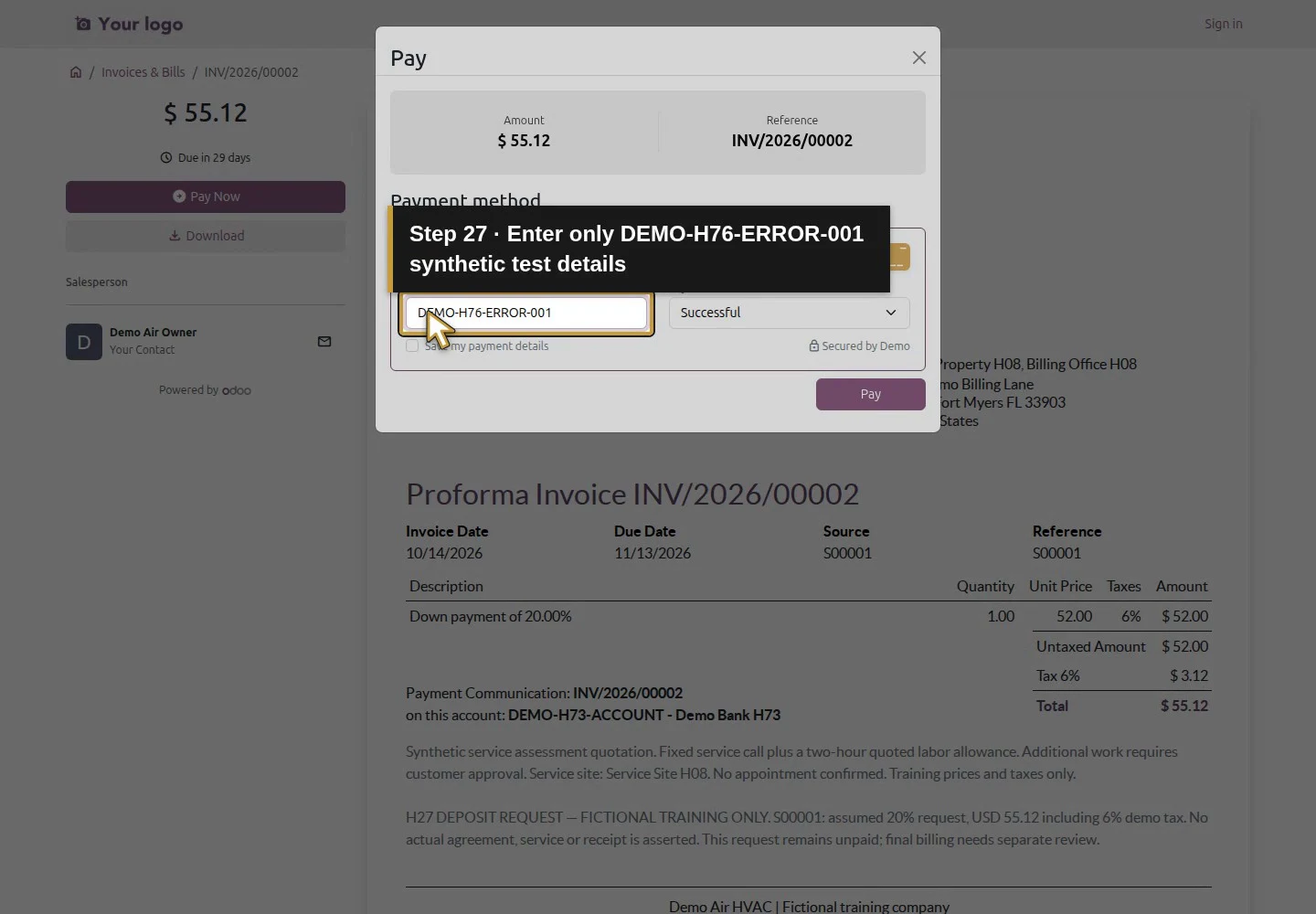 Action 27: Enter only DEMO-H76-ERROR-001 synthetic test details. The actual target is highlighted in gold.