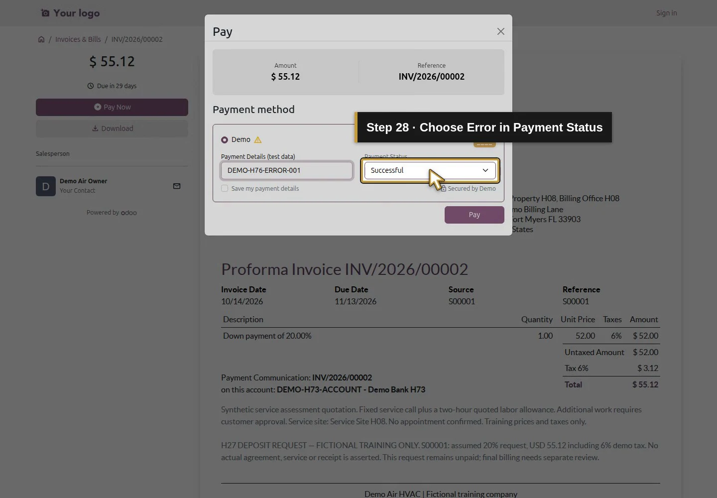Action 28: Choose Error in Payment Status. The actual target is highlighted in gold.