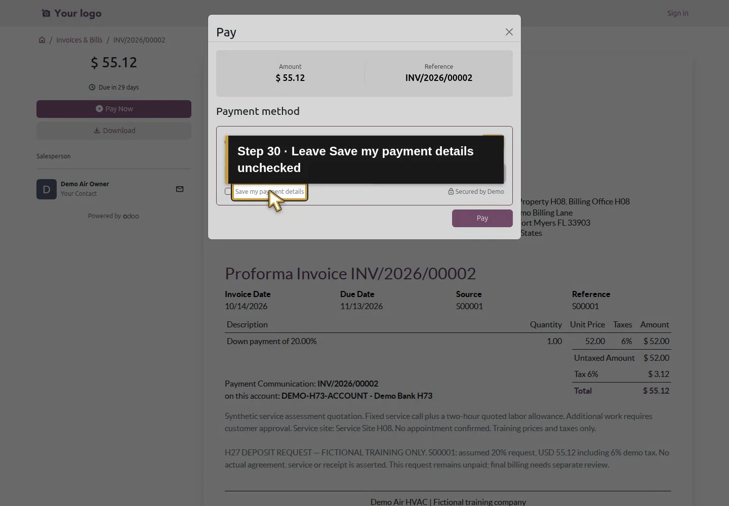 Action 30: Leave Save my payment details unchecked. The actual target is highlighted in gold.