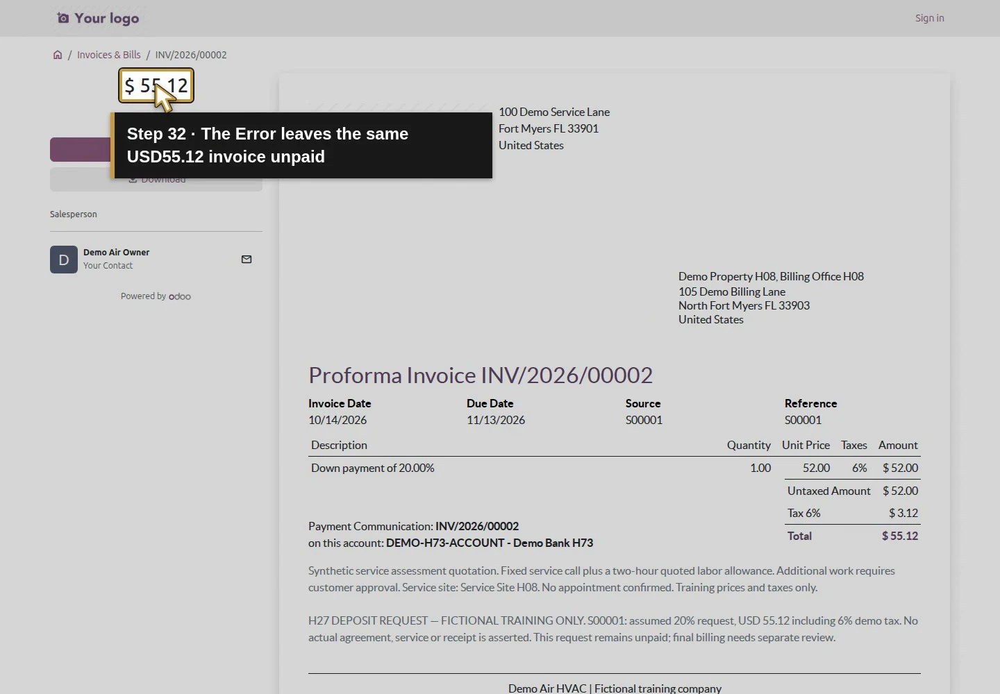 Action 32: The Error leaves the same USD55.12 invoice unpaid. The actual target is highlighted in gold.