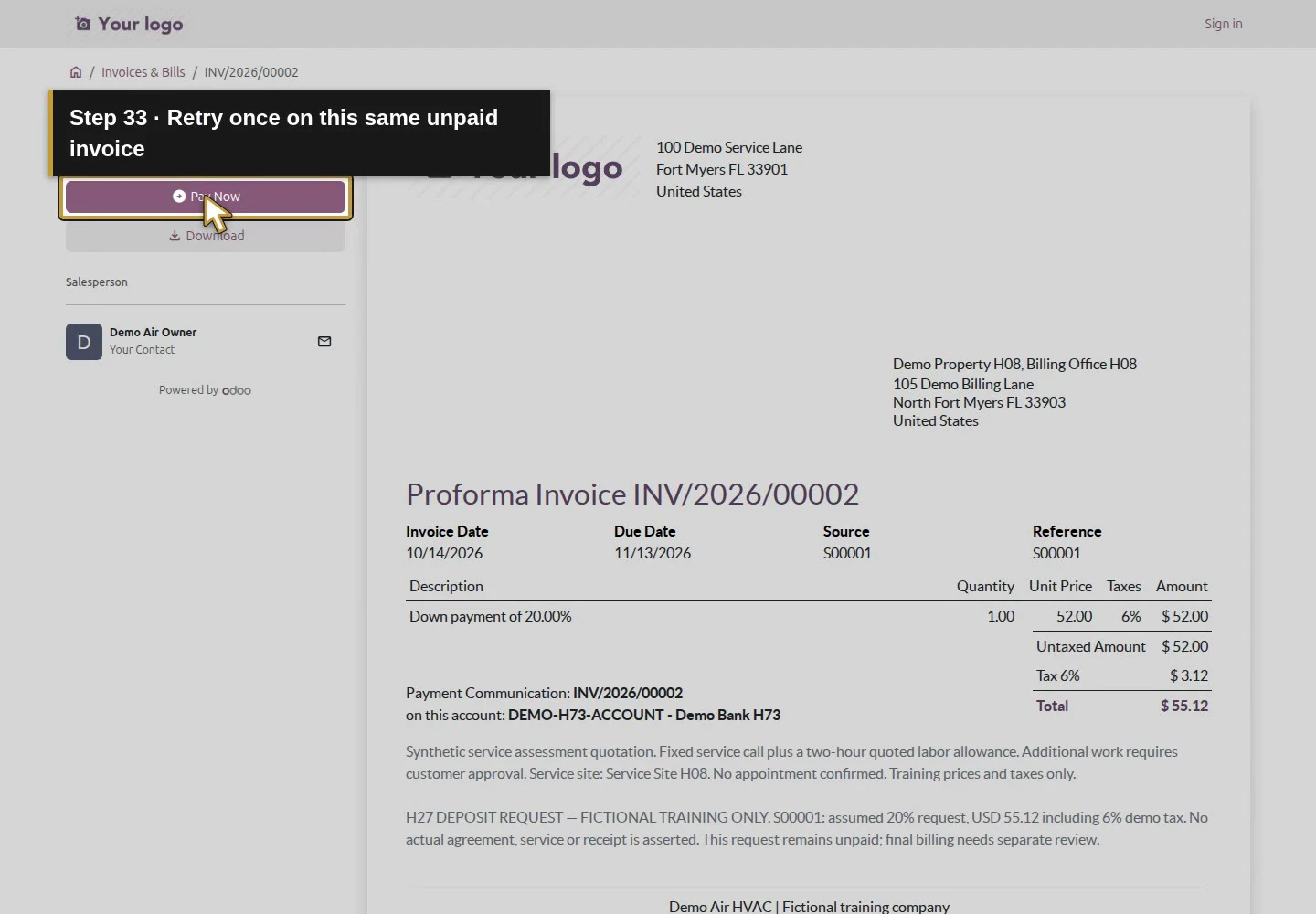 Action 33: Retry once on this same unpaid invoice. The actual target is highlighted in gold.