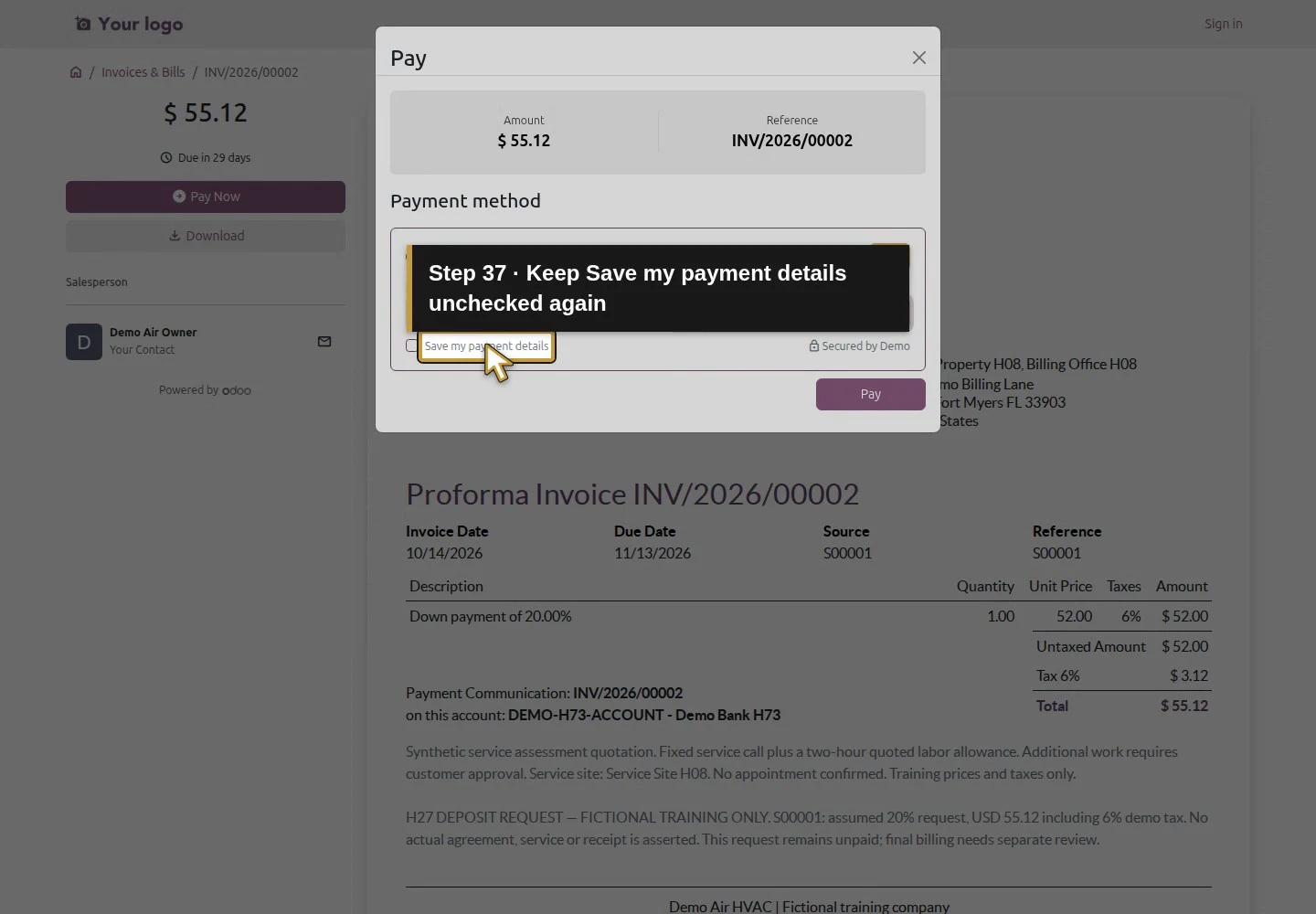 Action 37: Keep Save my payment details unchecked again. The actual target is highlighted in gold.