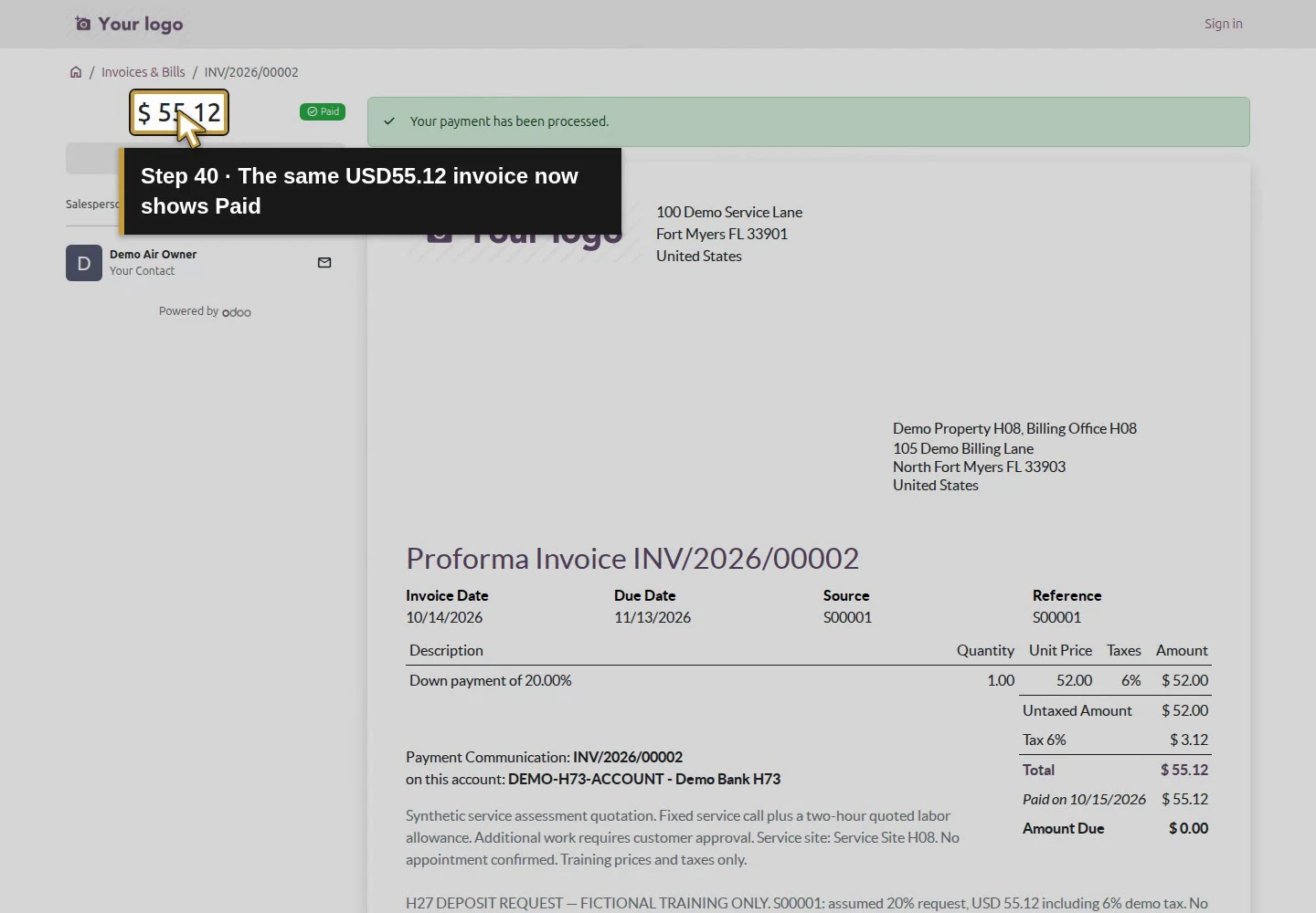 Action 40: The same USD55.12 invoice now shows Paid. The actual target is highlighted in gold.