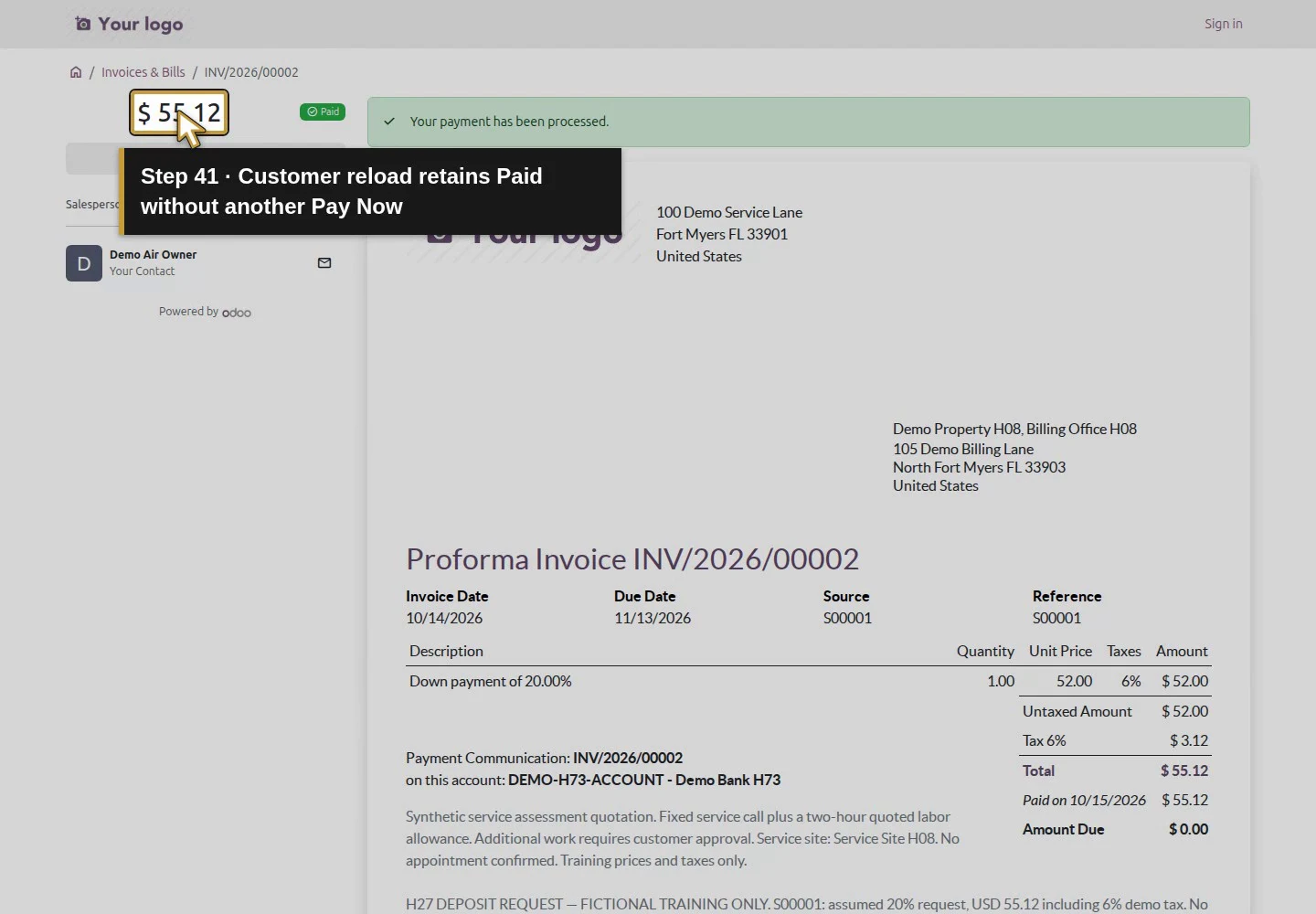 Action 41: Customer reload retains Paid without another Pay Now. The actual target is highlighted in gold.