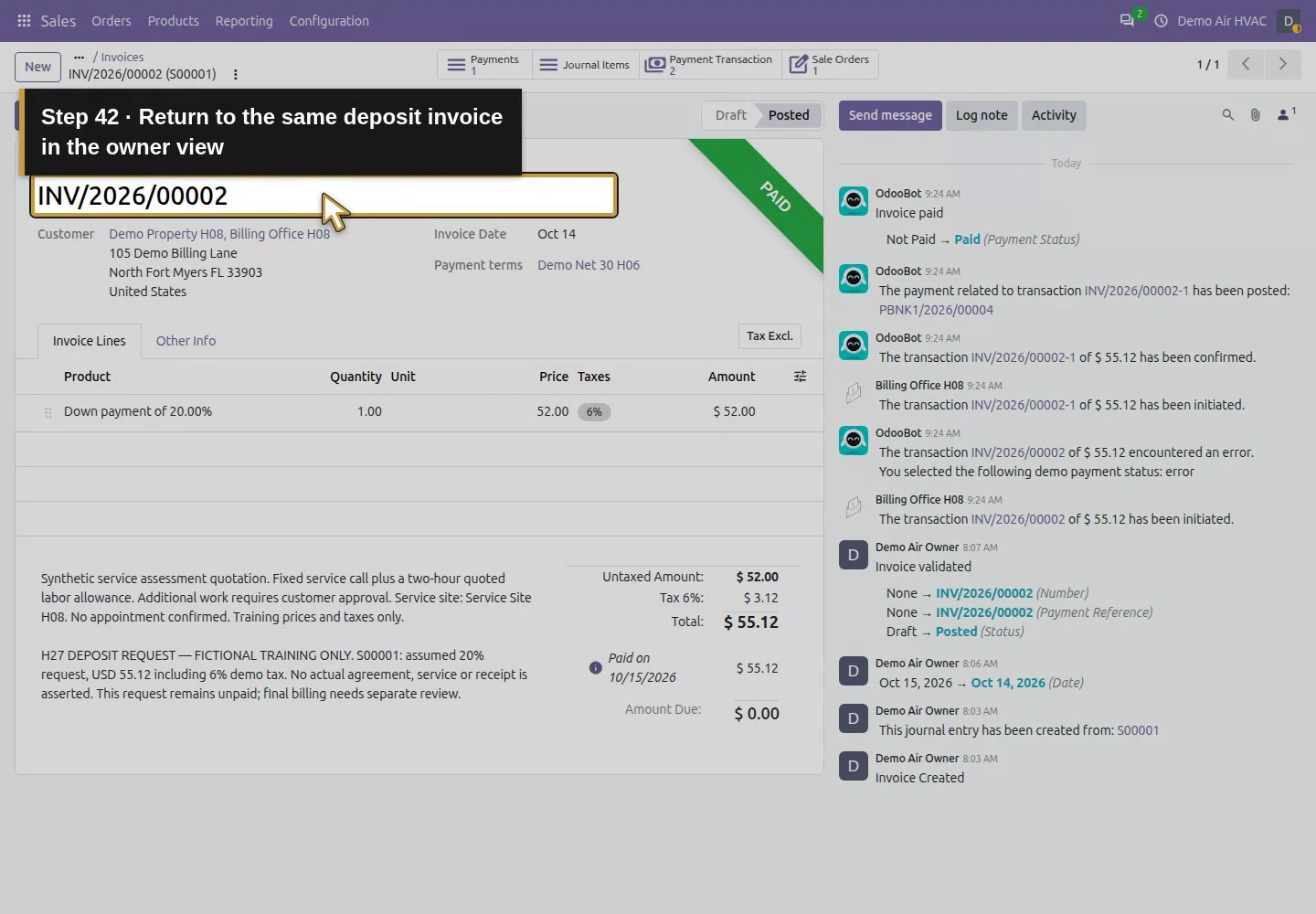Action 42: Return to the same deposit invoice in the owner view. The actual target is highlighted in gold.