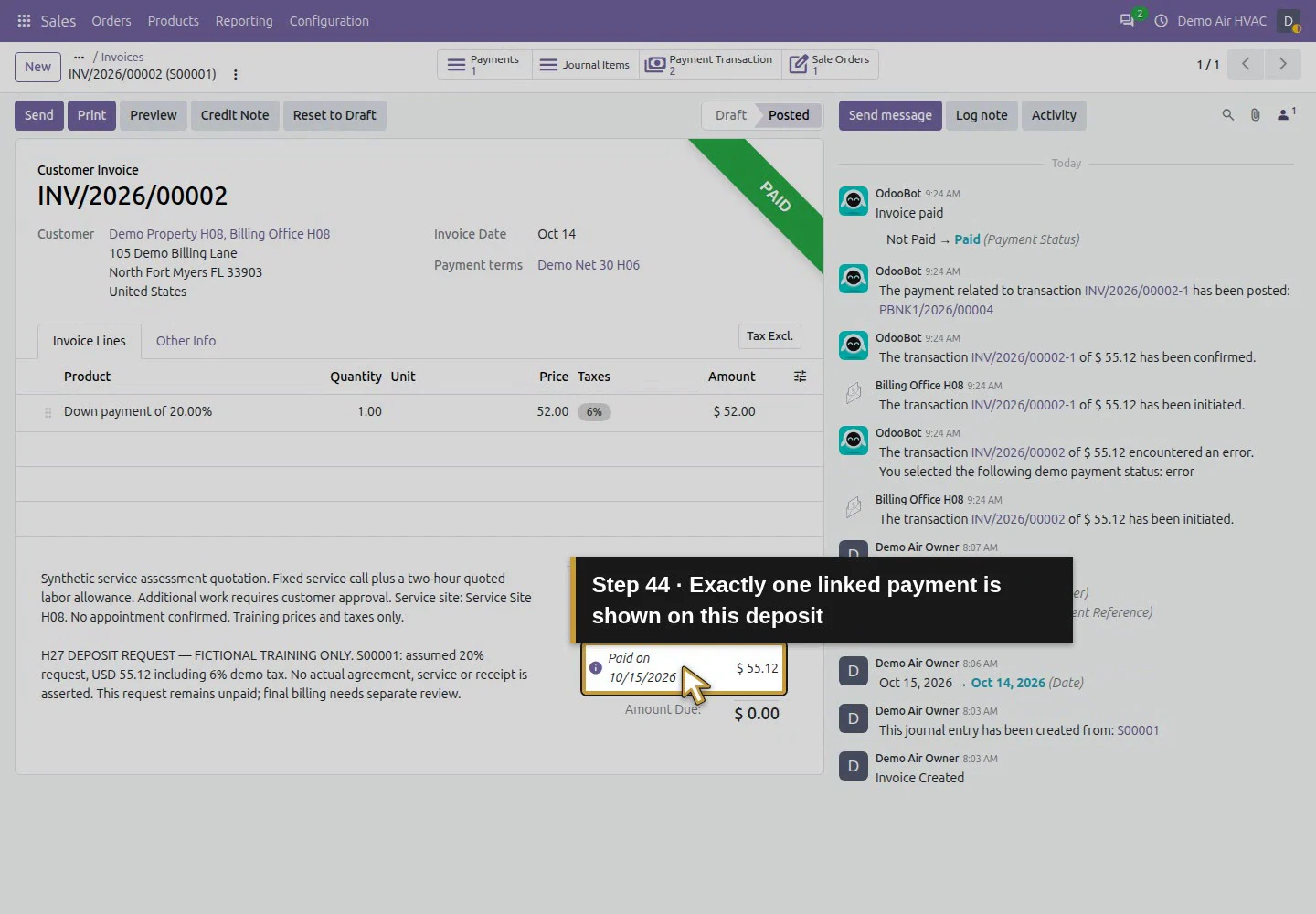 Action 44: Exactly one linked payment is shown on this deposit. The actual target is highlighted in gold.