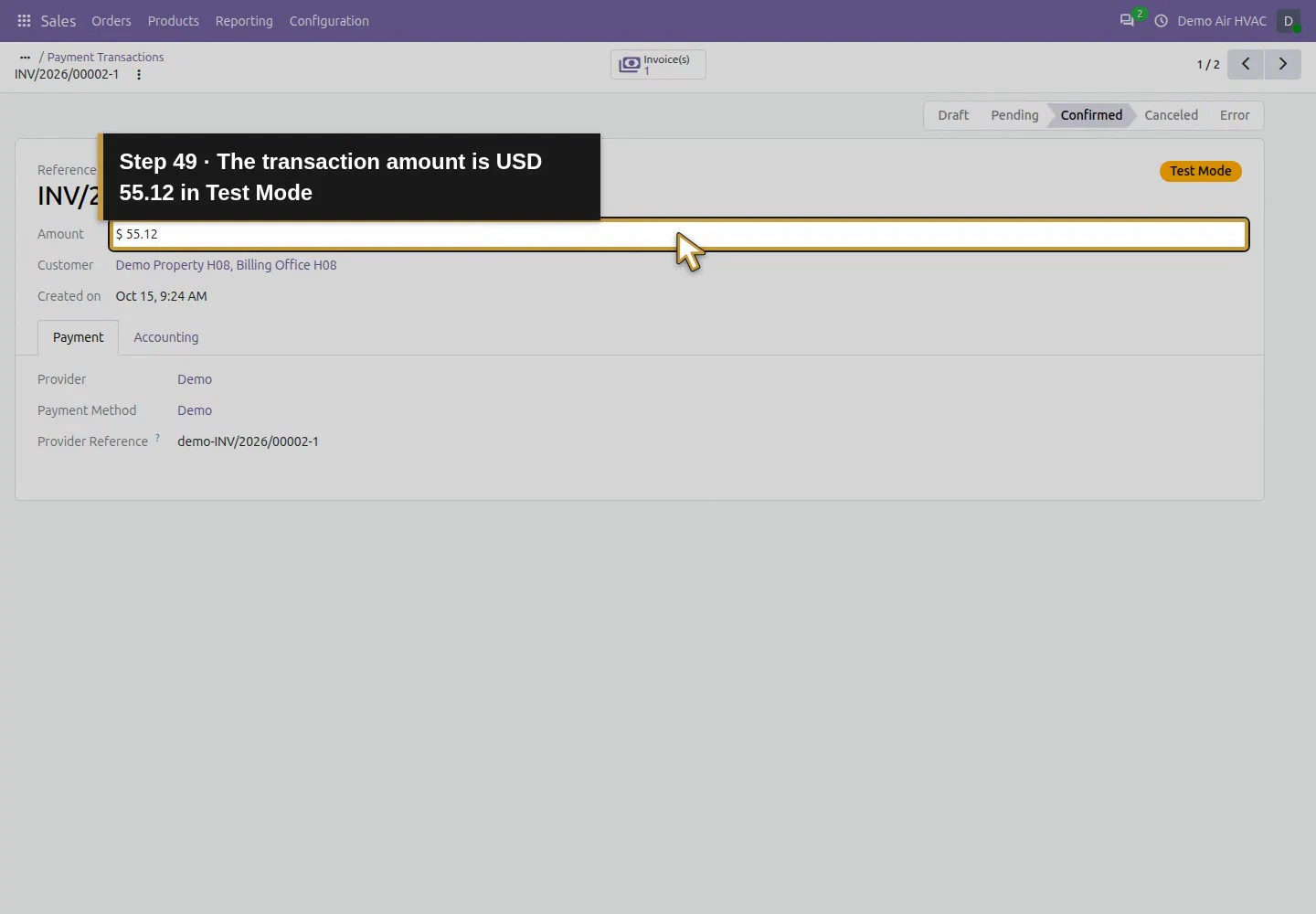 Action 49: The transaction amount is USD 55.12 in Test Mode. The actual target is highlighted in gold.