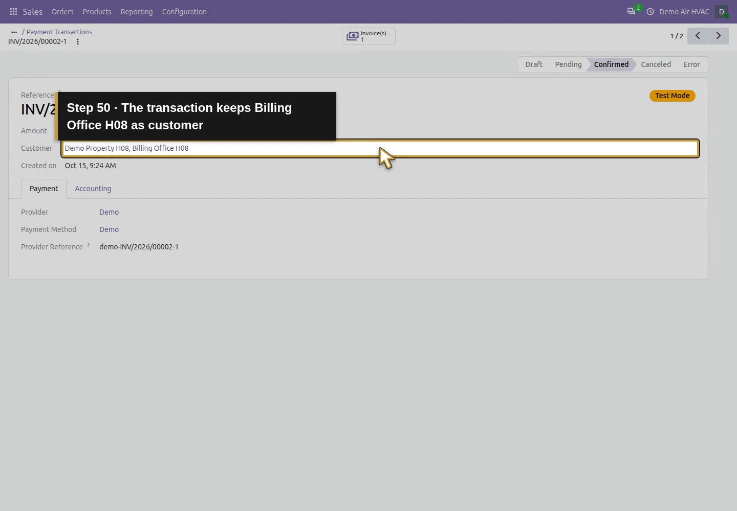 Action 50: The transaction keeps Billing Office H08 as customer. The actual target is highlighted in gold.