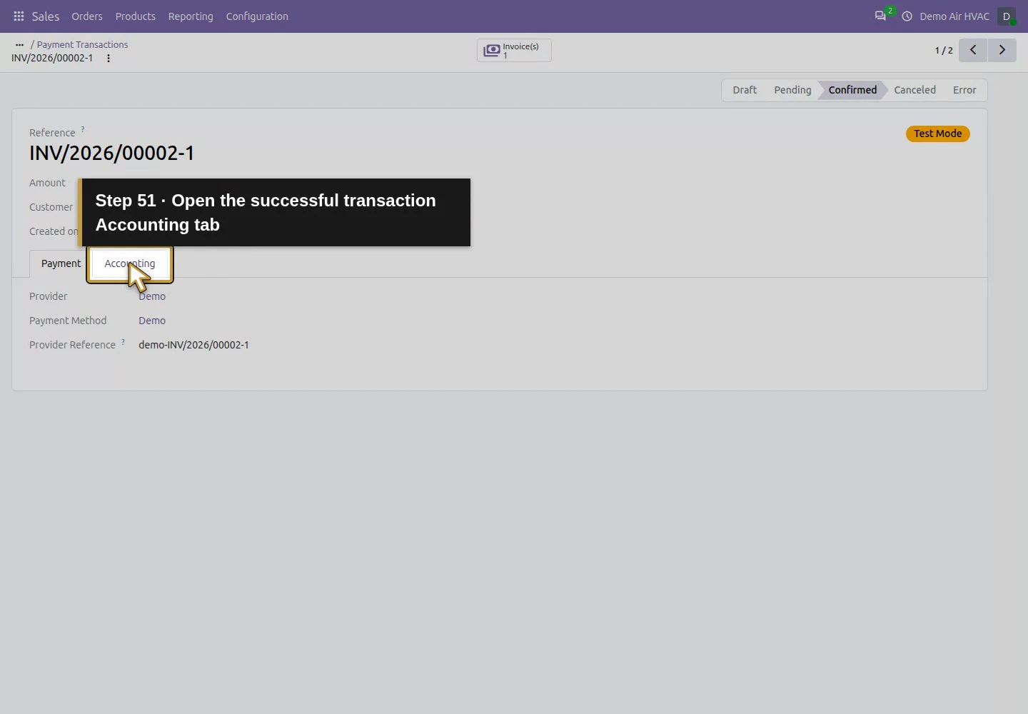 Action 51: Open the successful transaction Accounting tab. The actual target is highlighted in gold.