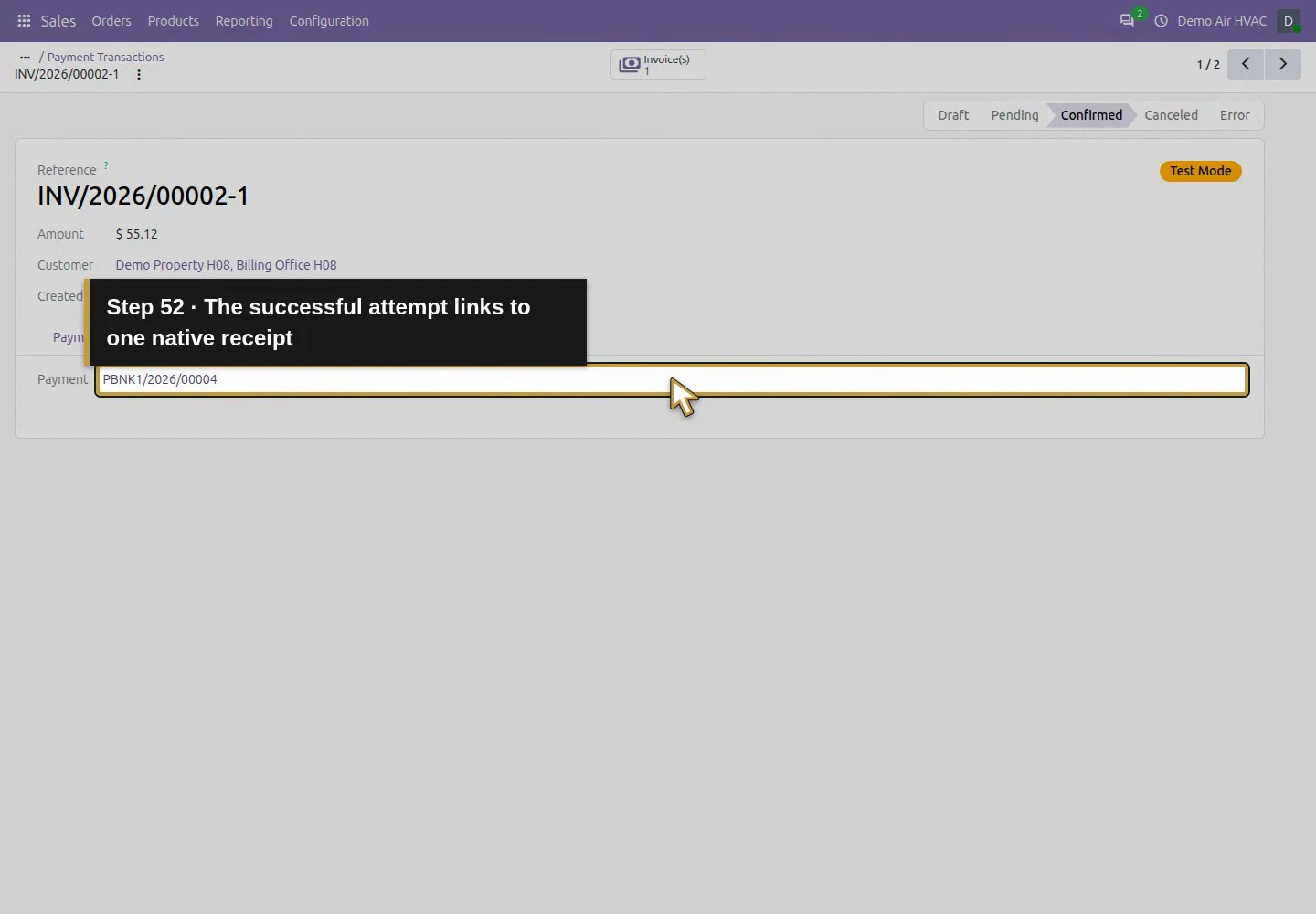 Action 52: The successful attempt links to one native receipt. The actual target is highlighted in gold.