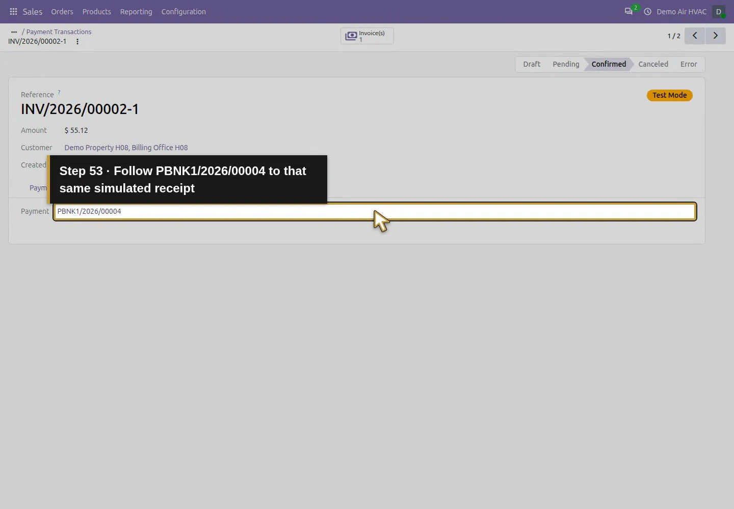 Action 53: Follow PBNK1/2026/00004 to that same simulated receipt. The actual target is highlighted in gold.