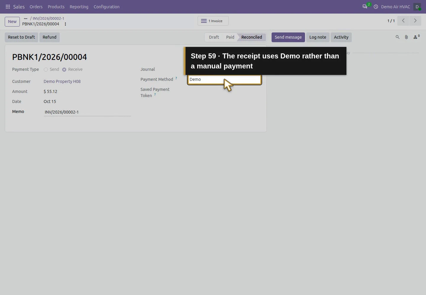 Action 59: The receipt uses Demo rather than a manual payment. The actual target is highlighted in gold.