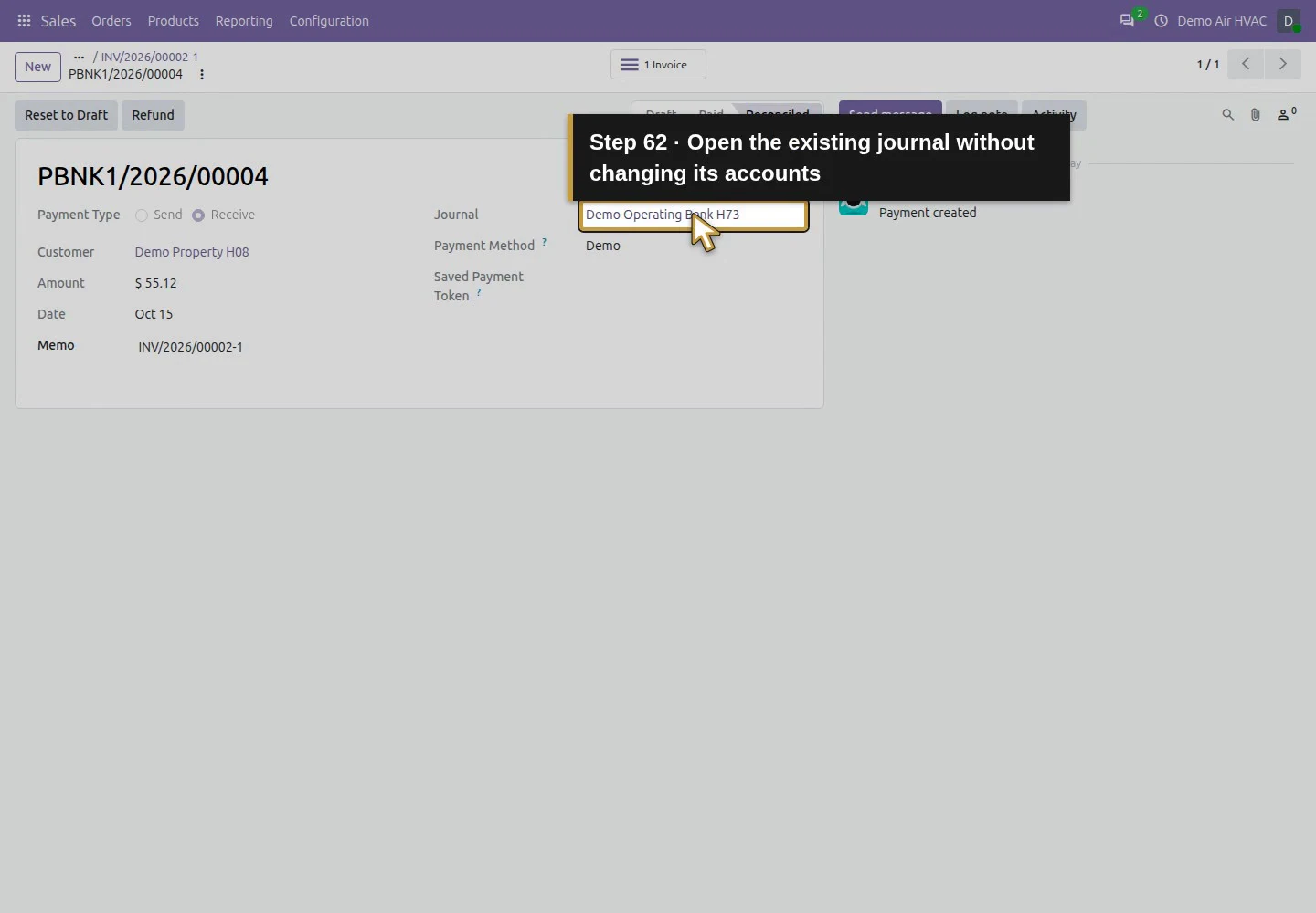 Action 62: Open the existing journal without changing its accounts. The actual target is highlighted in gold.