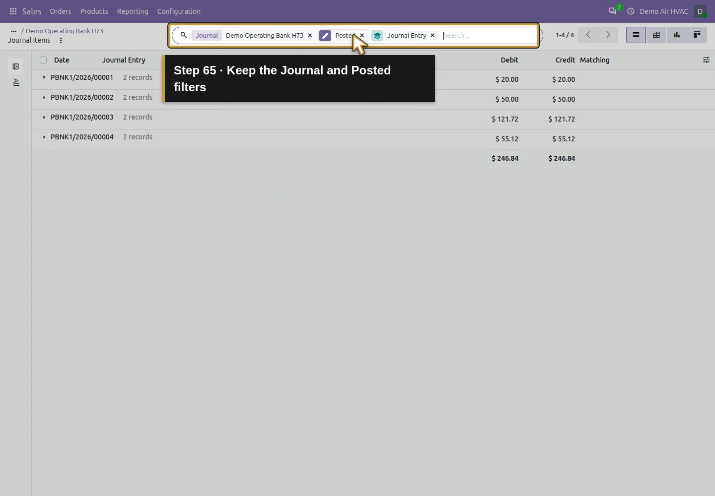 Action 65: Keep the Journal and Posted filters. The actual target is highlighted in gold.