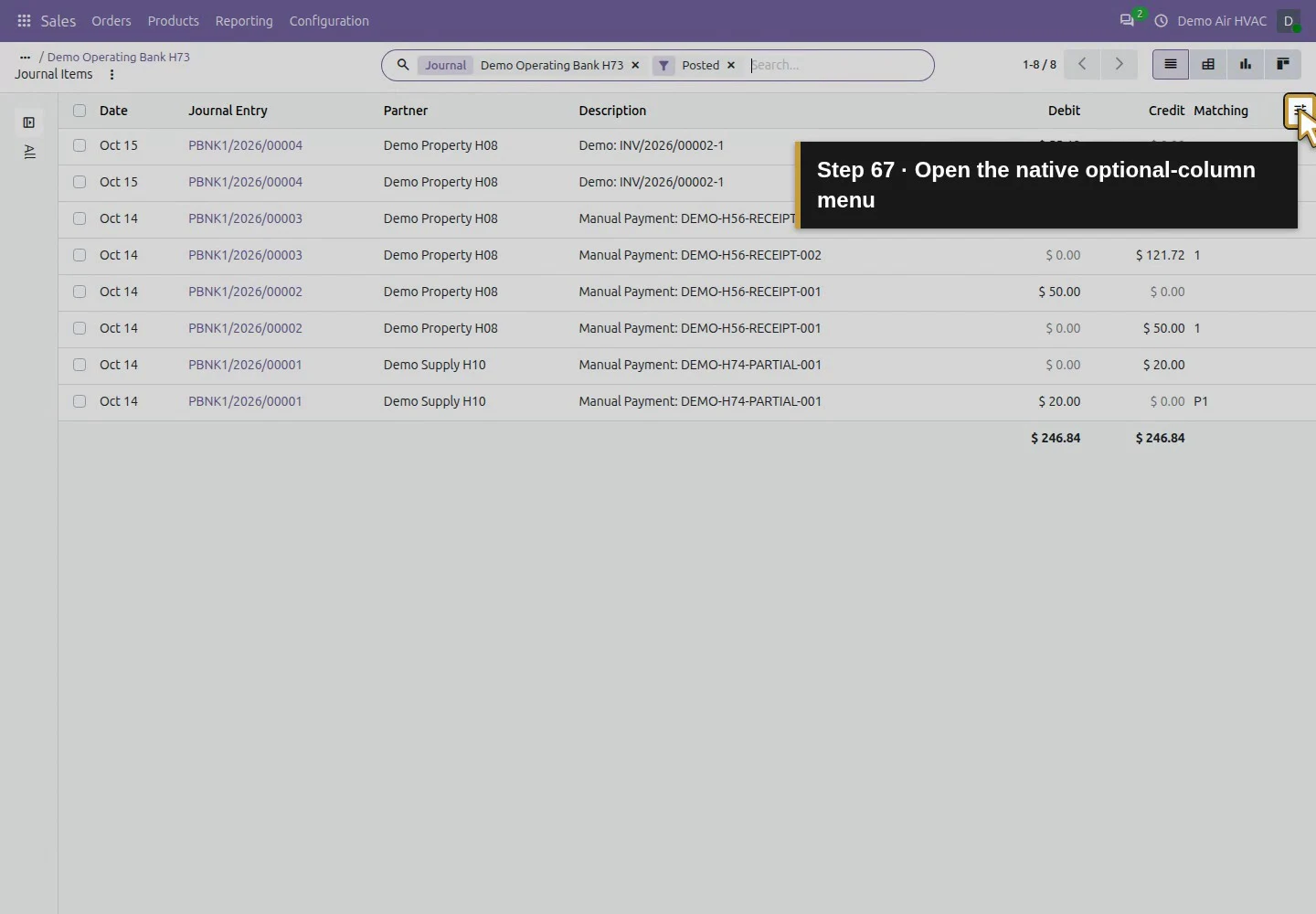 Action 67: Open the native optional-column menu. The actual target is highlighted in gold.
