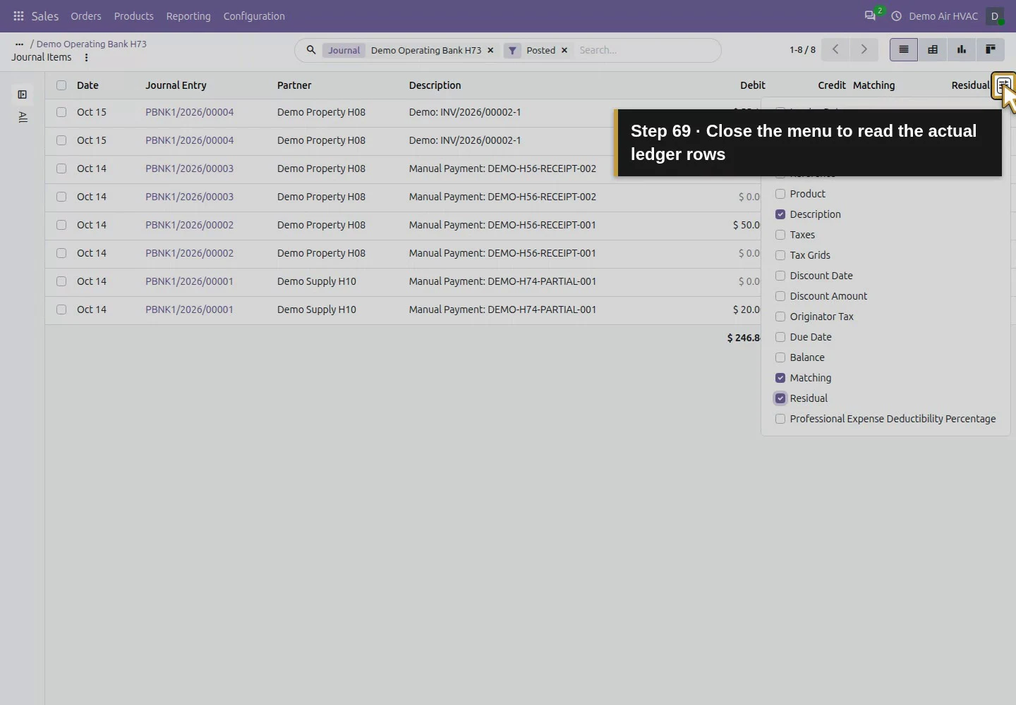 Action 69: Close the menu to read the actual ledger rows. The actual target is highlighted in gold.
