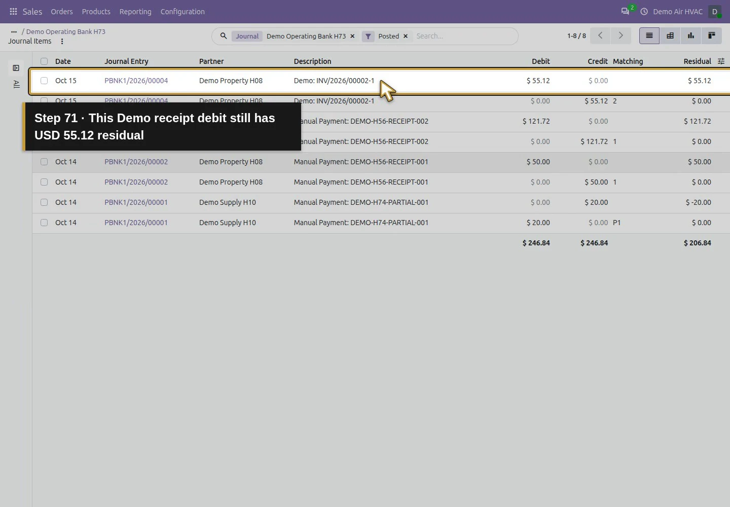 Action 71: This Demo receipt debit still has USD 55.12 residual. The actual target is highlighted in gold.