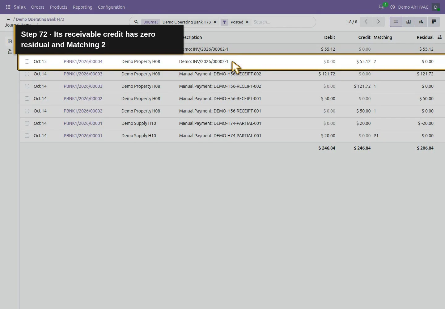 Action 72: Its receivable credit has zero residual and Matching 2. The actual target is highlighted in gold.