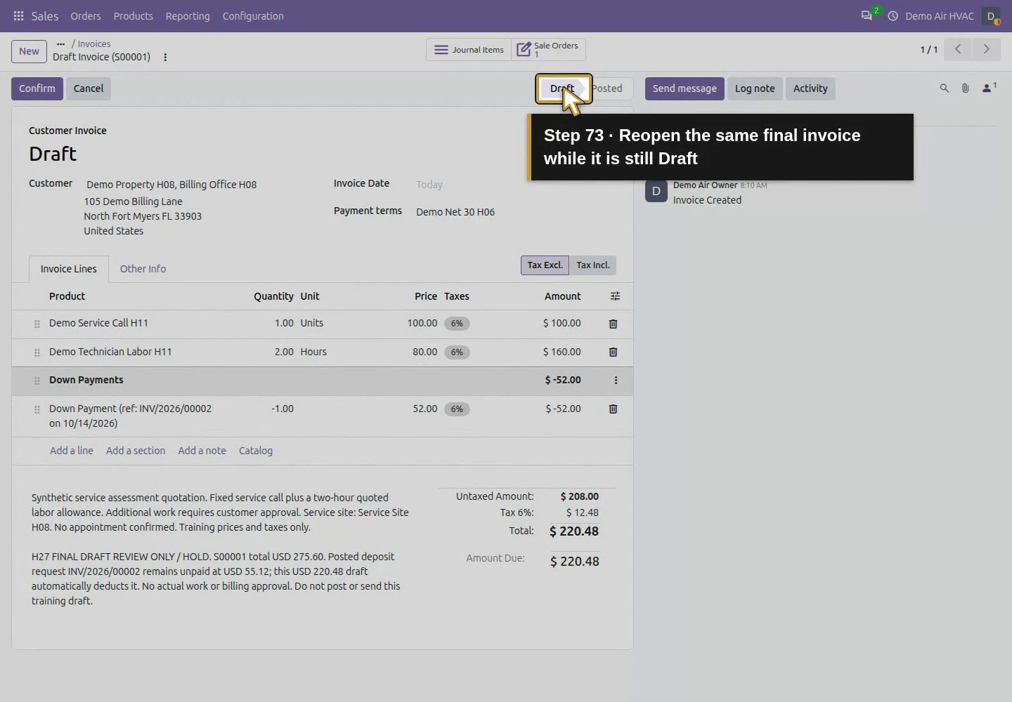 Action 73: Reopen the same final invoice while it is still Draft. The actual target is highlighted in gold.