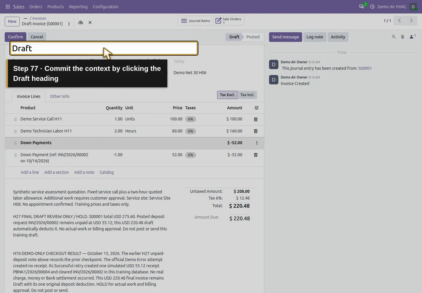 Action 77: Commit the context by clicking the Draft heading. The actual target is highlighted in gold.