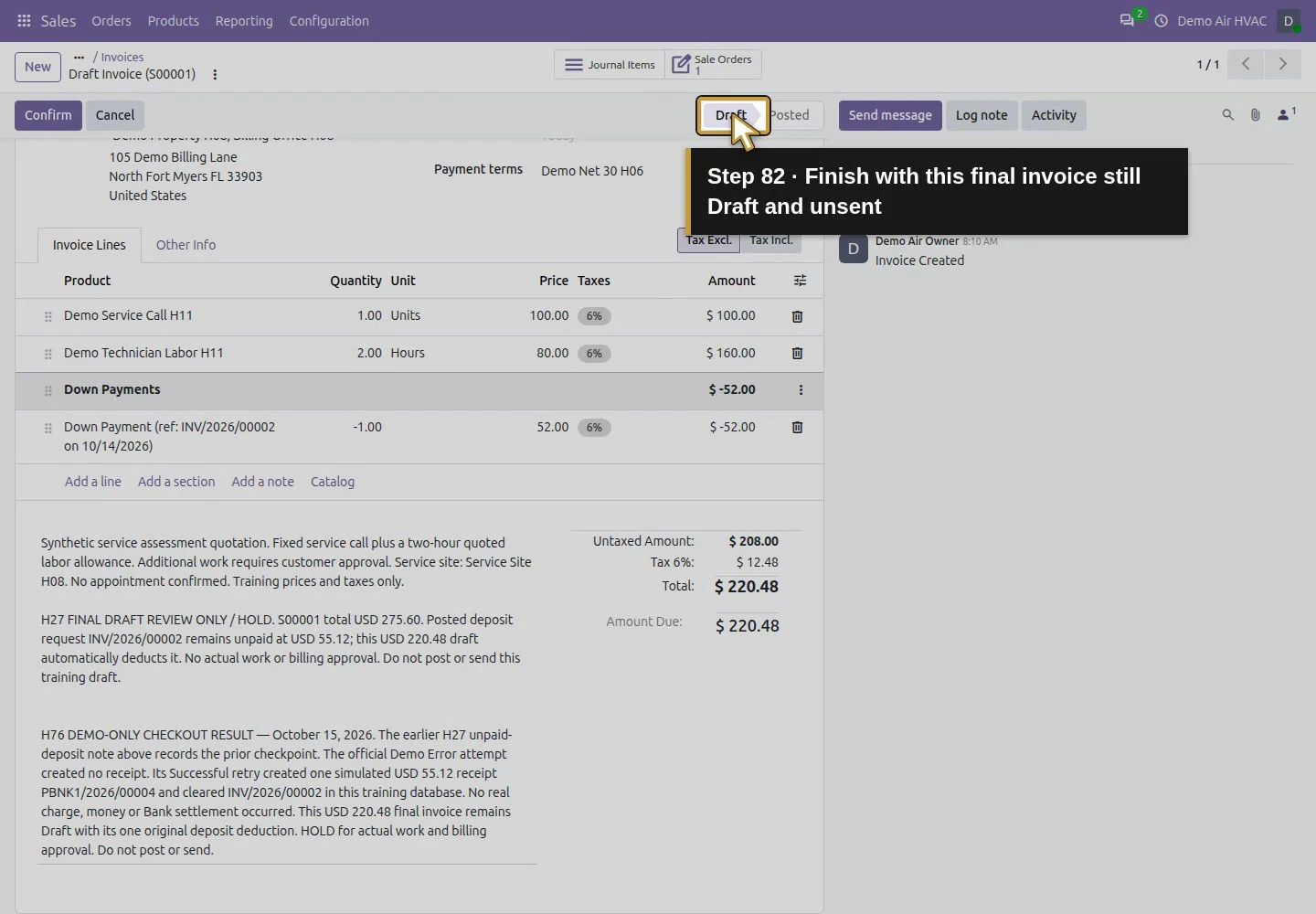 Action 82: Finish with this final invoice still Draft and unsent. The actual target is highlighted in gold.