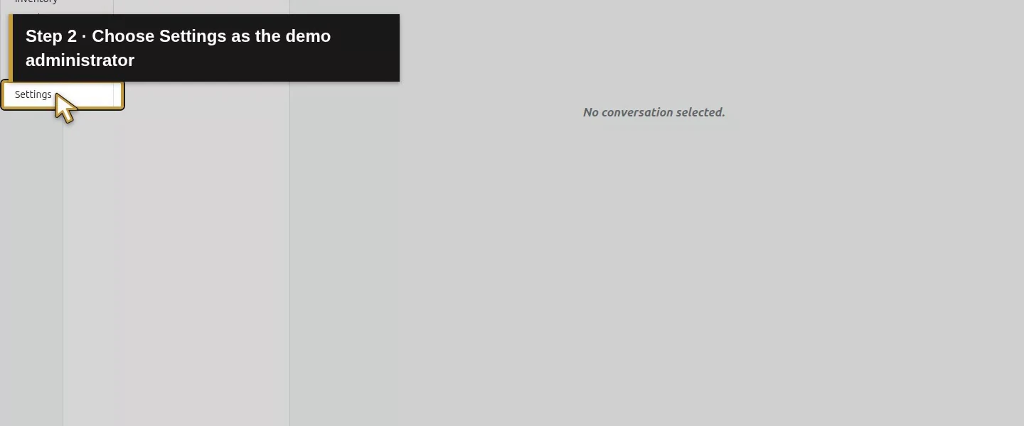 Action 2: Choose Settings as the demo administrator. The actual target is highlighted in gold.