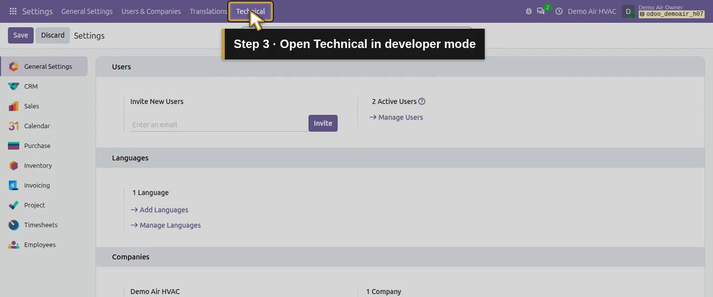 Action 3: Open Technical in developer mode. The actual target is highlighted in gold.