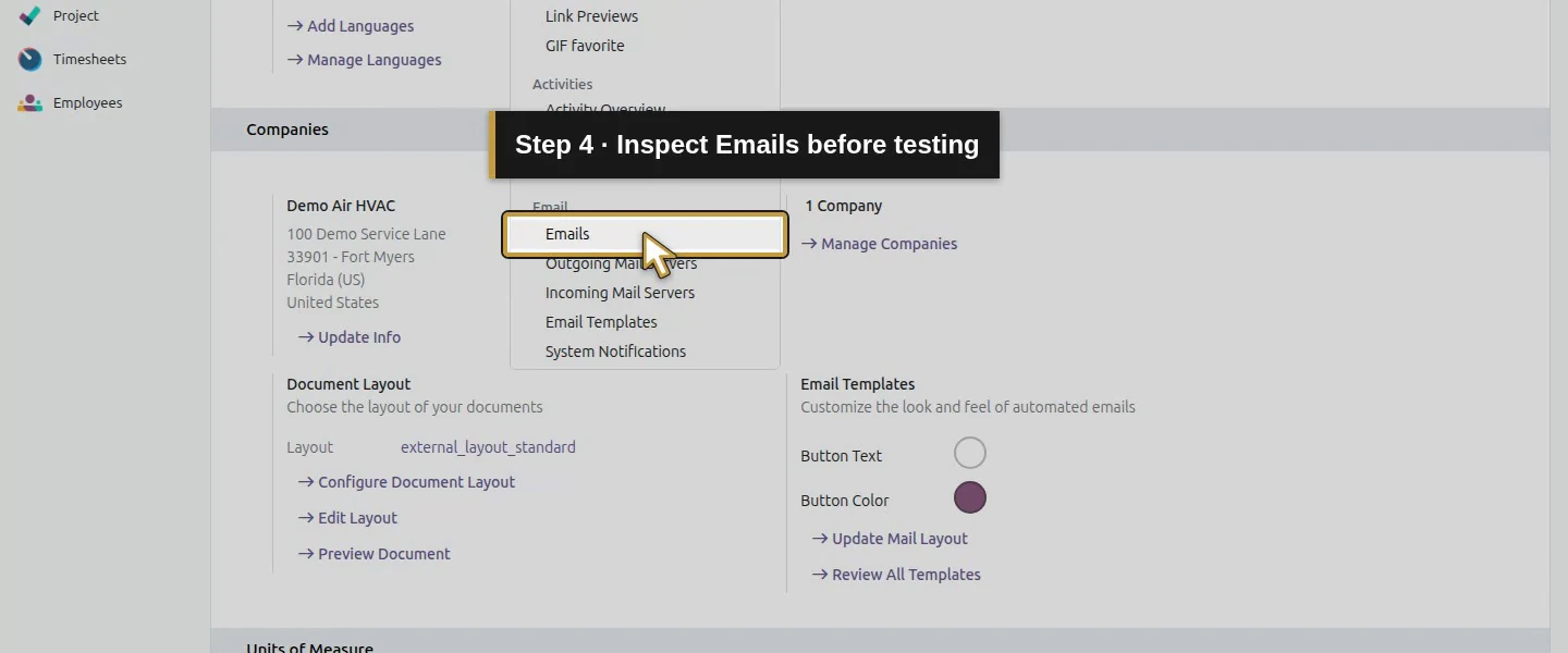Action 4: Inspect Emails before testing. The actual target is highlighted in gold.