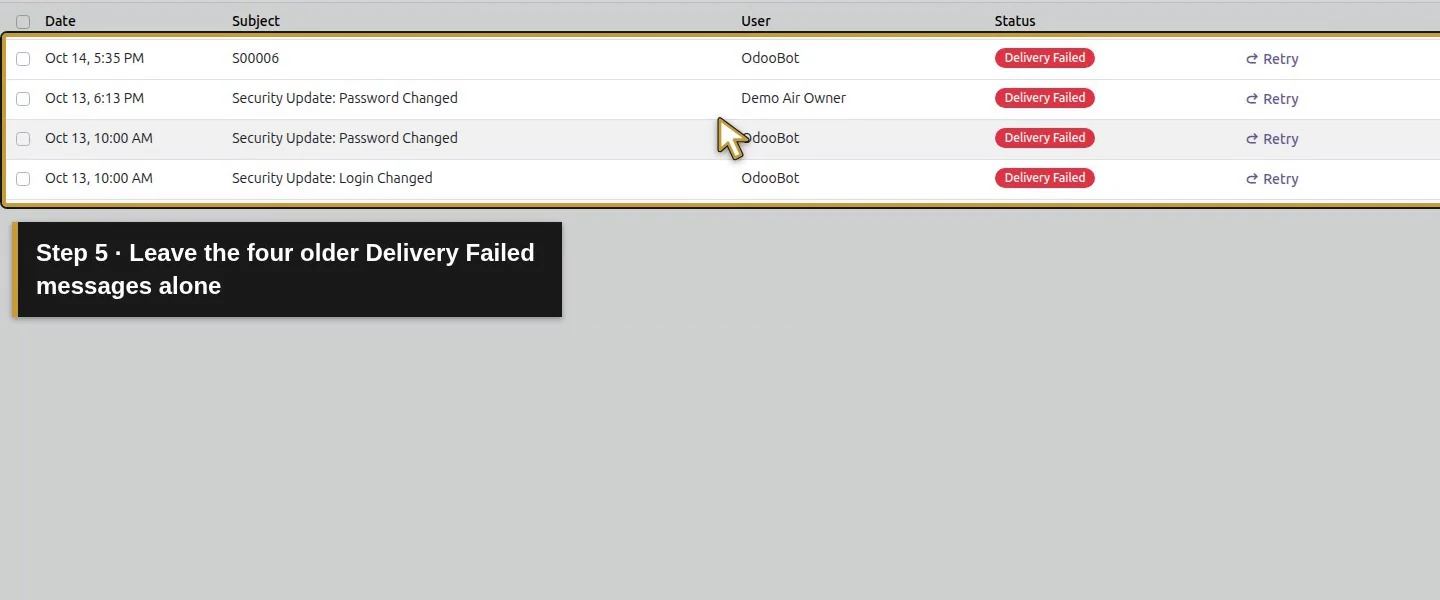 Action 5: Leave the four older Delivery Failed messages alone. The actual target is highlighted in gold.