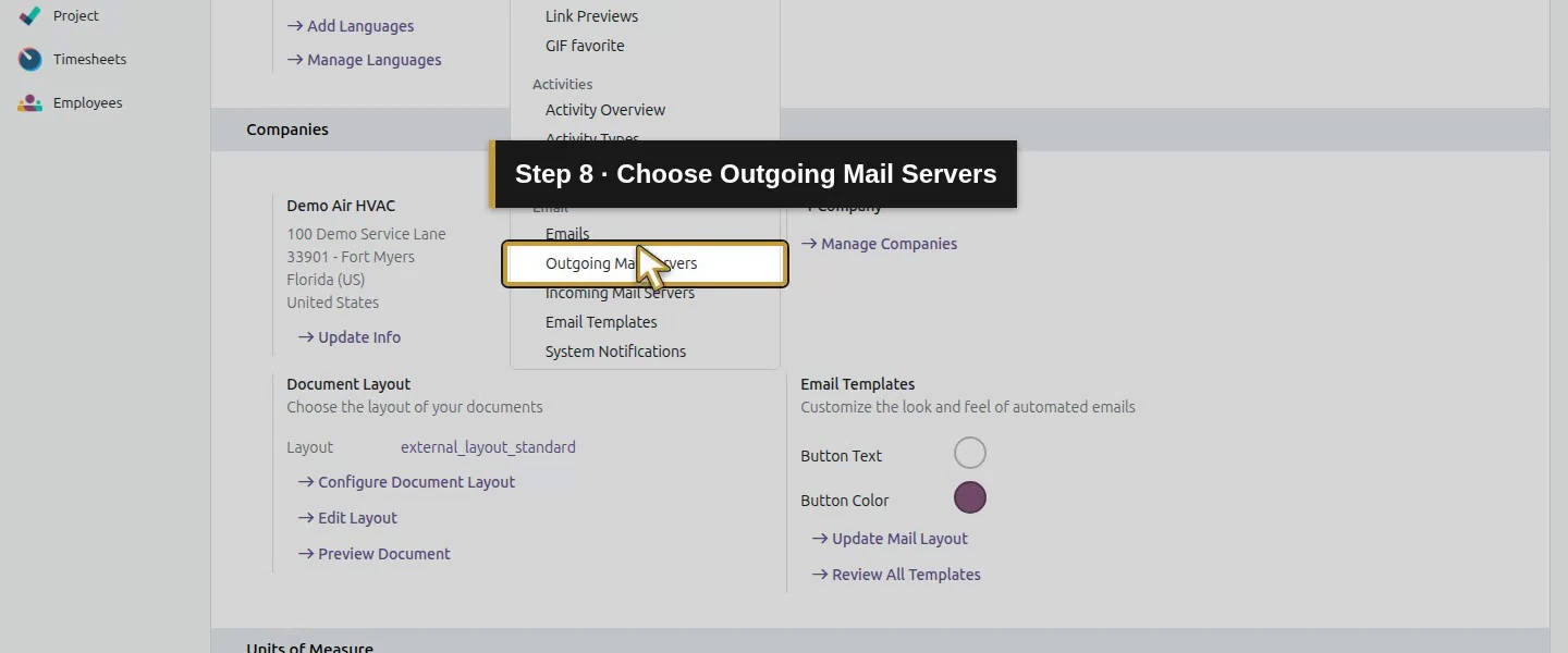 Action 8: Choose Outgoing Mail Servers. The actual target is highlighted in gold.