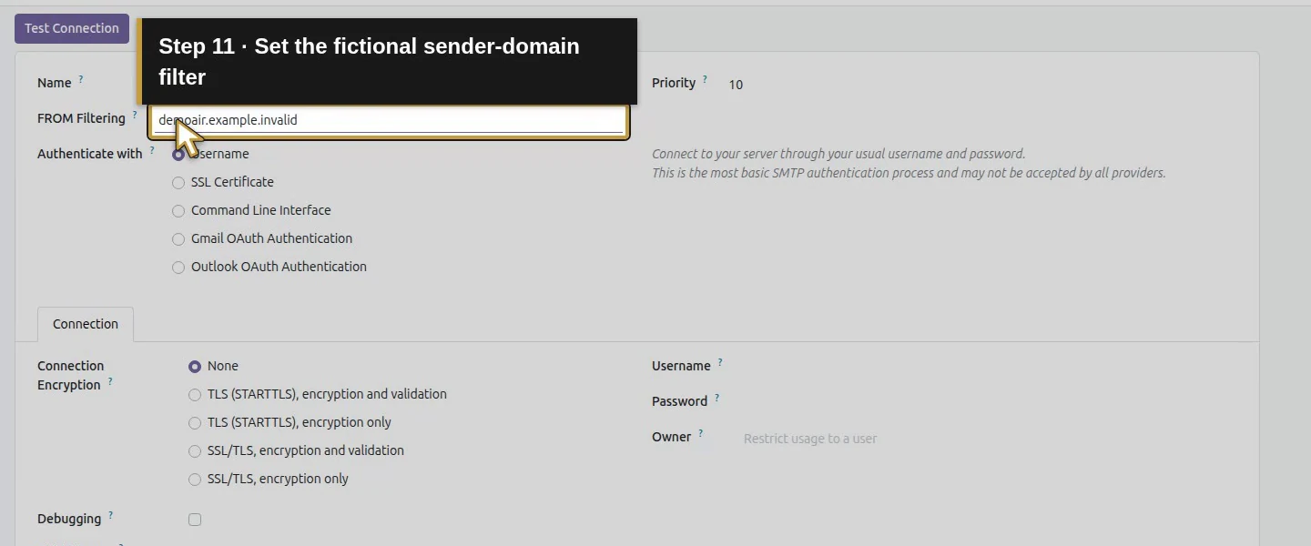 Action 11: Set the fictional sender-domain filter. The actual target is highlighted in gold.