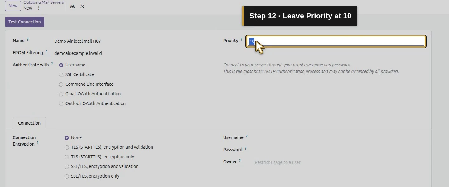 Action 12: Leave Priority at 10. The actual target is highlighted in gold.