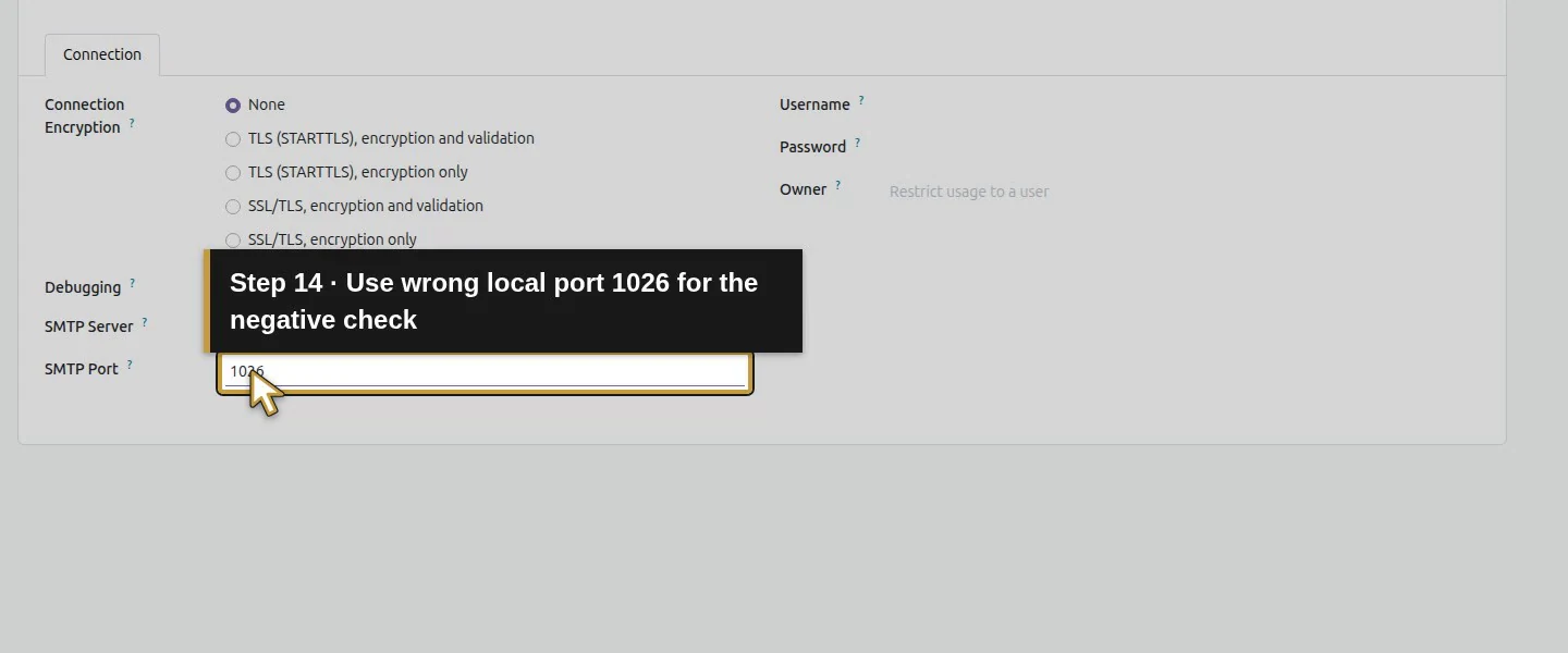 Action 14: Use wrong local port 1026 for the negative check. The actual target is highlighted in gold.