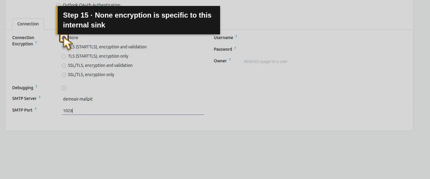 Action 15: None encryption is specific to this internal sink. The actual target is highlighted in gold.
