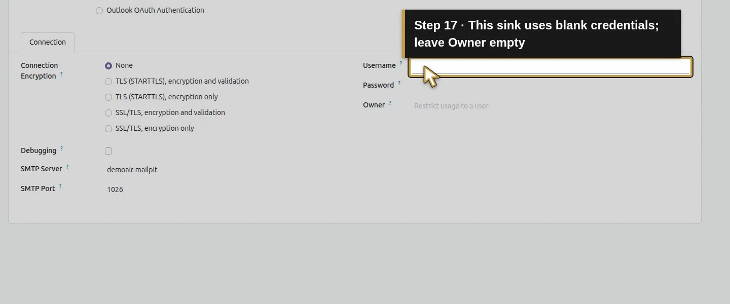 Action 17: This sink uses blank credentials; leave Owner empty. The actual target is highlighted in gold.