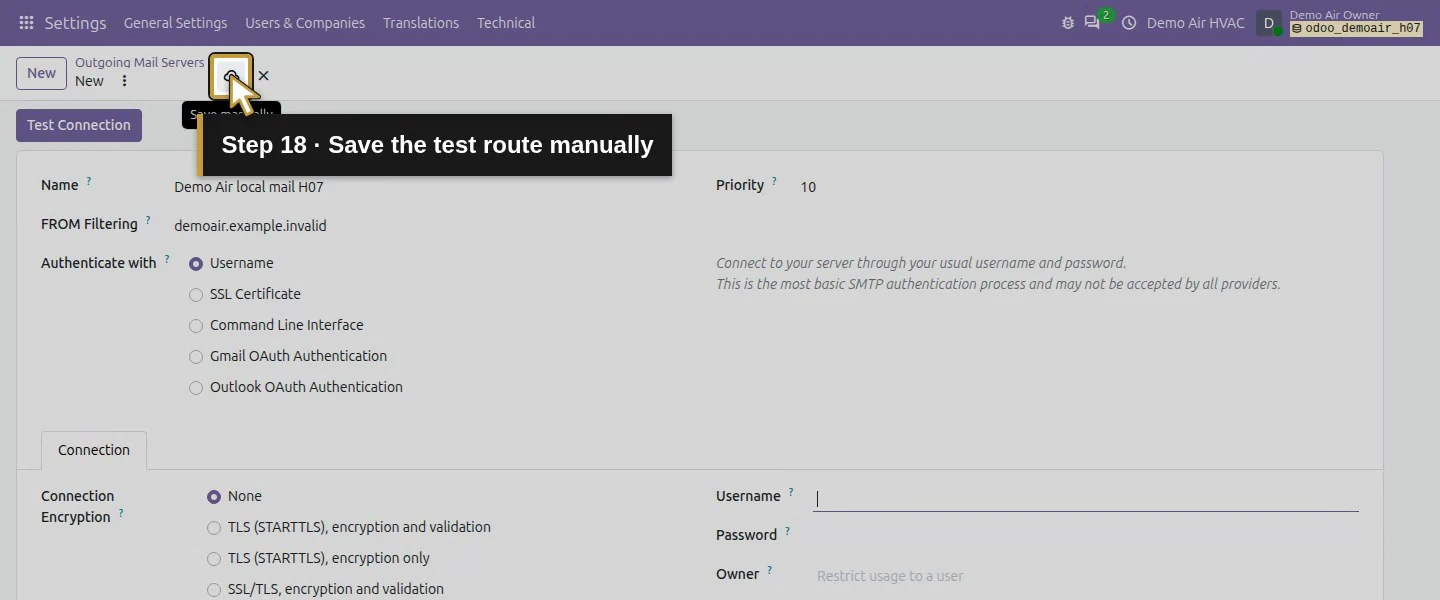 Action 18: Save the test route manually. The actual target is highlighted in gold.