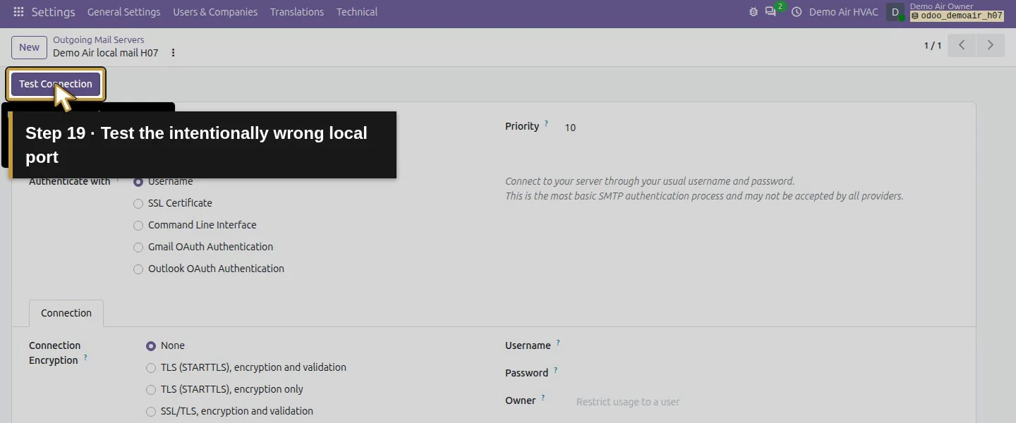 Action 19: Test the intentionally wrong local port. The actual target is highlighted in gold.