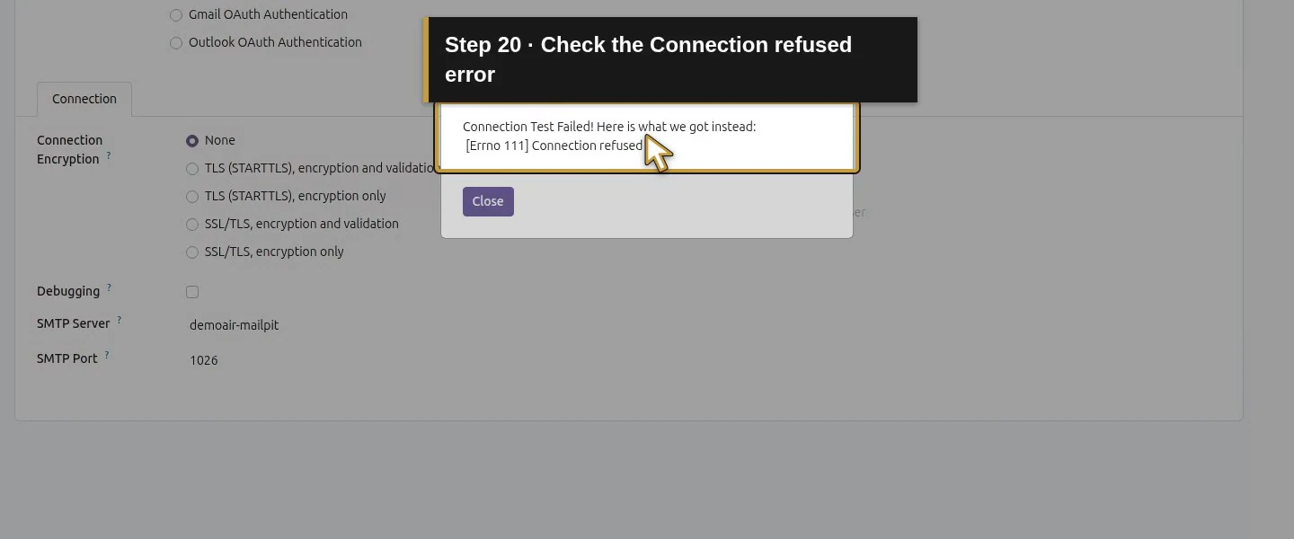 Action 20: Check the Connection refused error. The actual target is highlighted in gold.