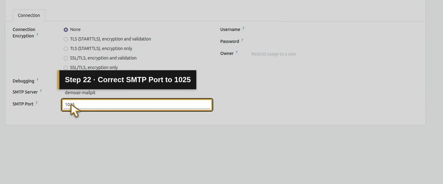 Action 22: Correct SMTP Port to 1025. The actual target is highlighted in gold.