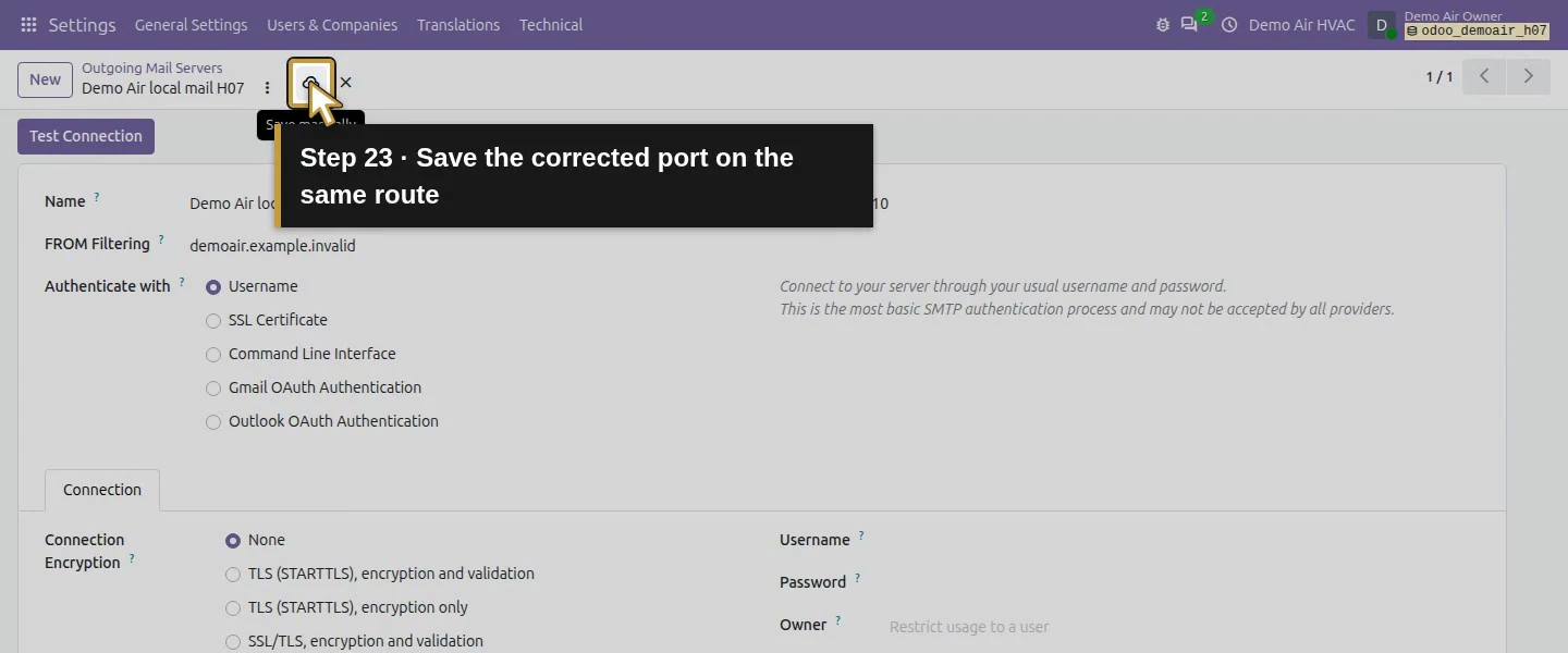 Action 23: Save the corrected port on the same route. The actual target is highlighted in gold.